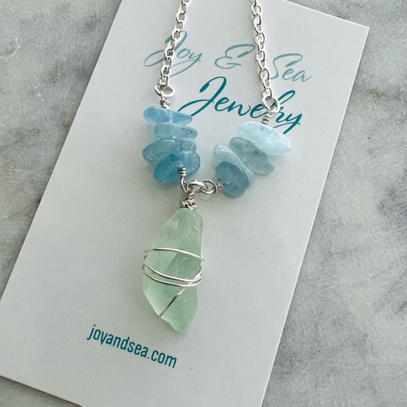 Seafoam Seaglass + Aquamarine Crystal Necklace - Picture 5 of 5